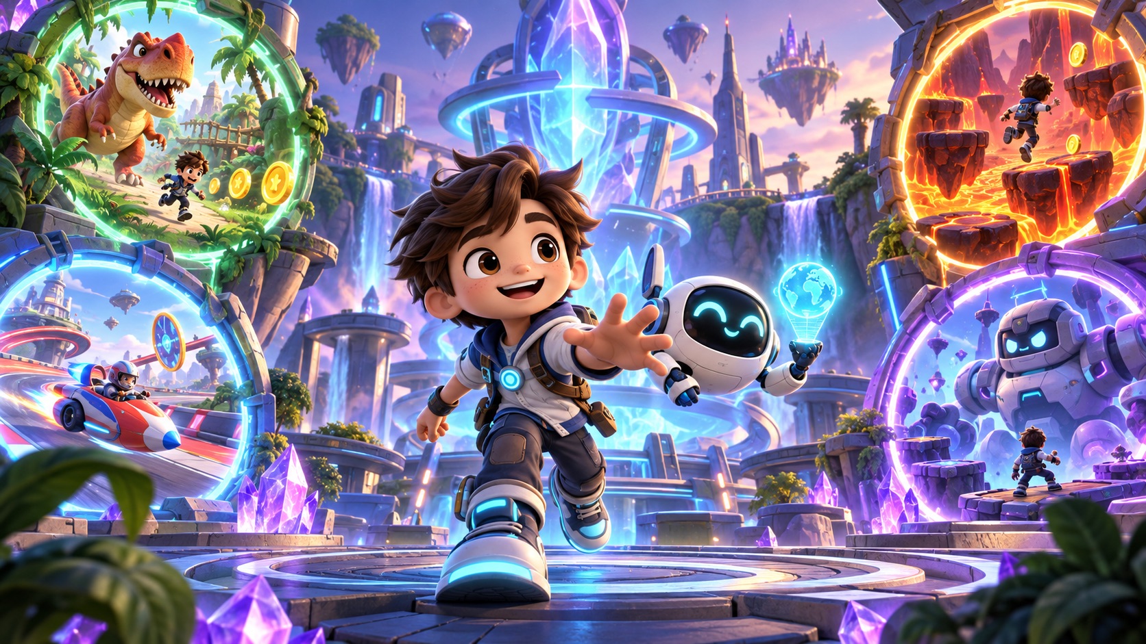 Marko e il suo amico robot Noxi nell'Hub dei portali di Markora.World, con portali verso una giungla con dinosauri, una pista da corsa, un mondo di lava e un boss robot